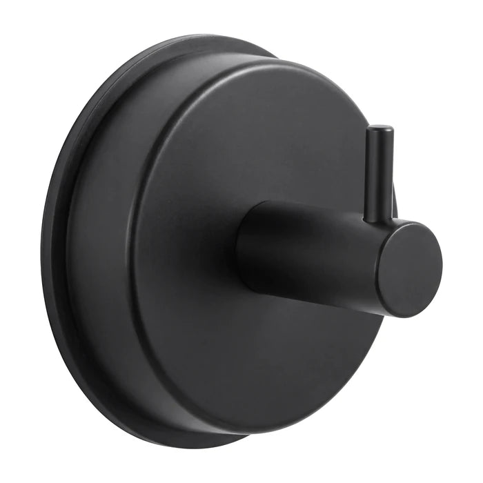 Close-up of a stainless steel suction cup hook in matte black