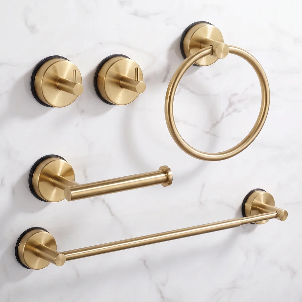 KL Home bathroom accessories without drilling in brushed brass (gold): hooks, towel ring, toilet roll holder and towel bar