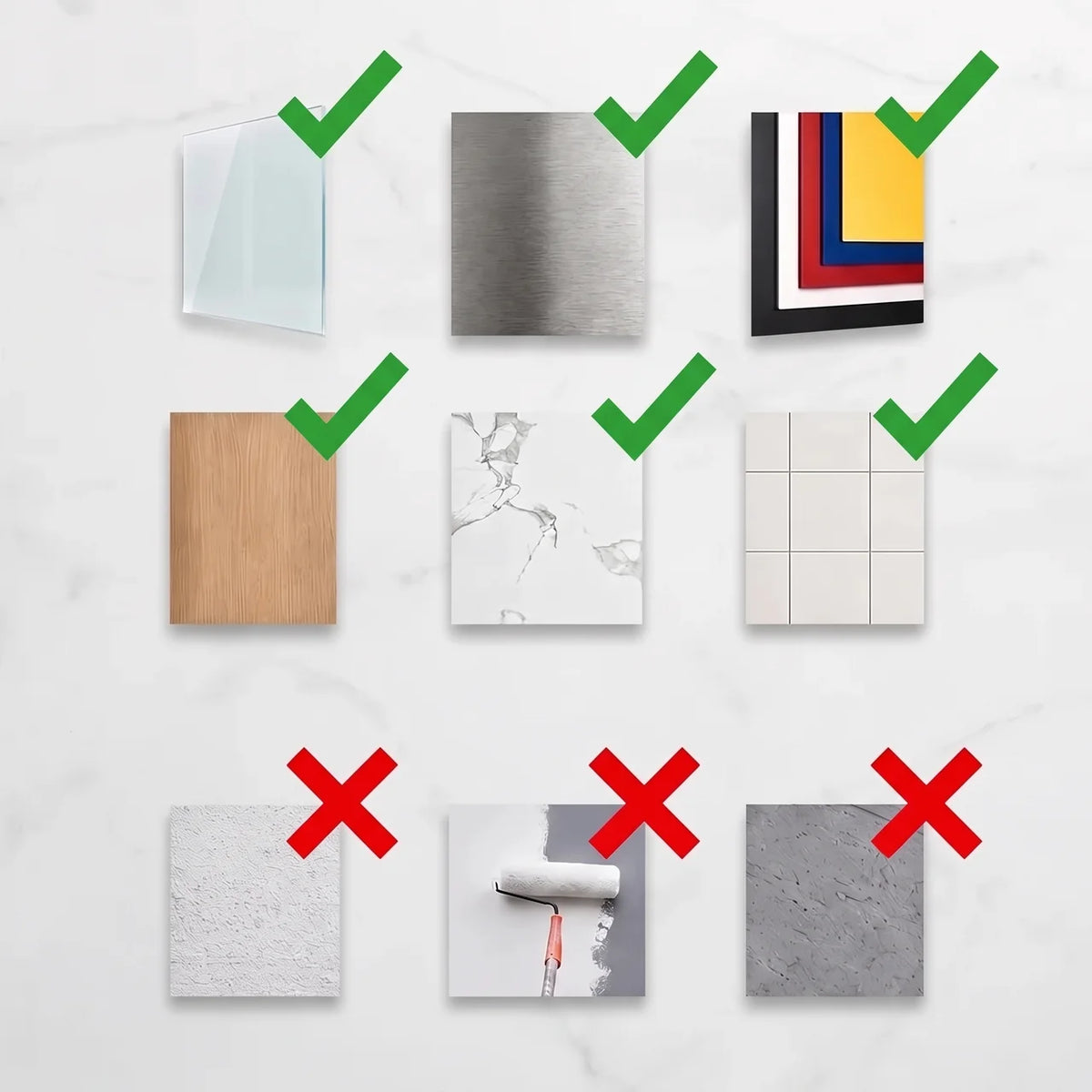 Suitable surfaces for KL Home suction cups: glass, tiles, marble and metal; not textured or painted walls