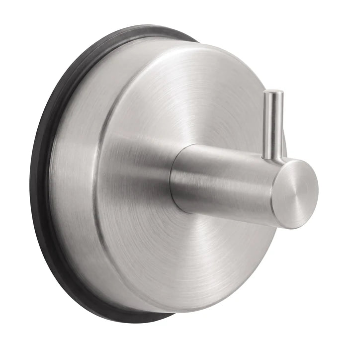 Close-up of a stainless steel suction cup hook in brushed stainless steel